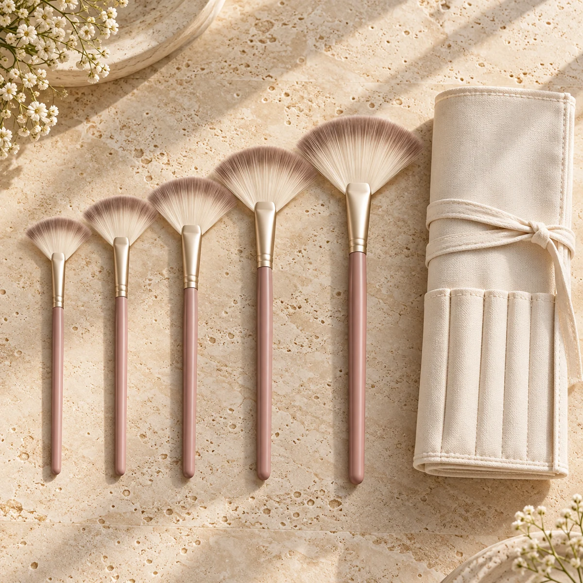 Rose Atelier Five Fan Highlight Brush Set — Dusty rose handle / taupe-tipped ivory bristles fan highlight brush design